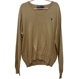Polo Ralph Lauren V Neck Sweater Mens Large Pima Cotton Tan Beige Pullover
